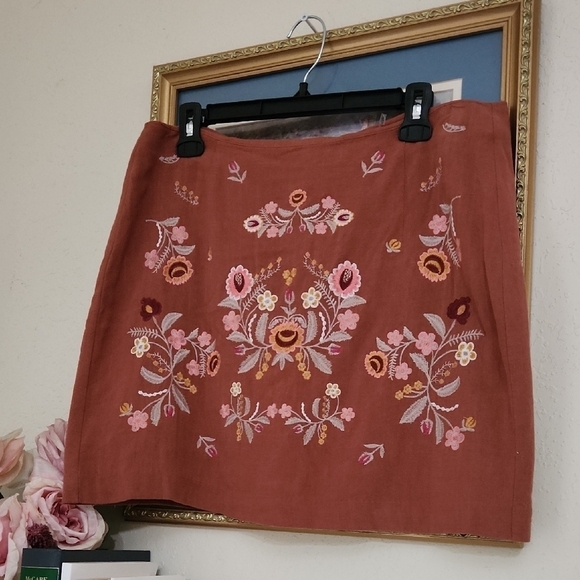 100% Linen Embroidered Floral Skirt Rust Color Concert Coachella Sexy Large - Picture 2 of 10